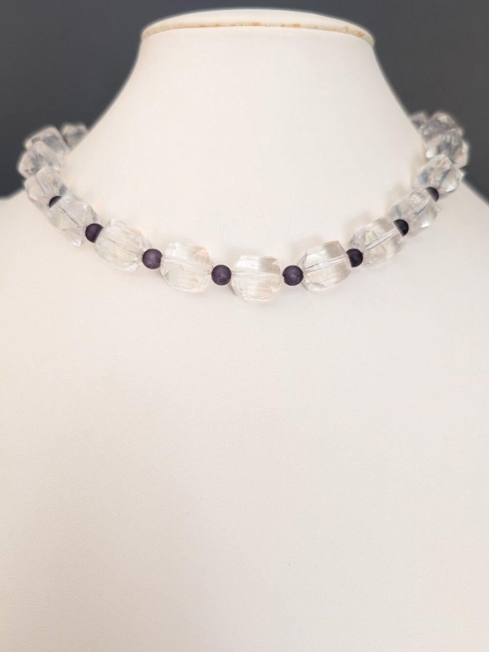 Vintage faceted clear beaded necklace with round purple gray accent beads